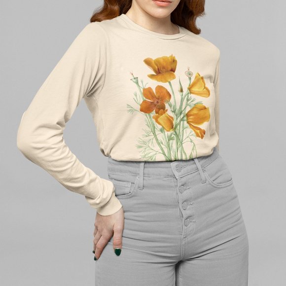 Outfit Bits Tops - California Poppy Vintage Floral Print Long Sleeve Graphic Tee T-shirt S M L XL